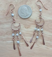 Image 2 of Aquamarine Patinaed Copper Crescent Moon Chandelier Earrings🩵