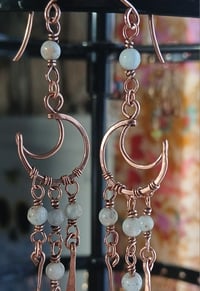 Image 3 of Aquamarine Patinaed Copper Crescent Moon Chandelier Earrings🩵