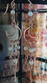 Image 4 of Aquamarine Patinaed Copper Crescent Moon Chandelier Earrings🩵