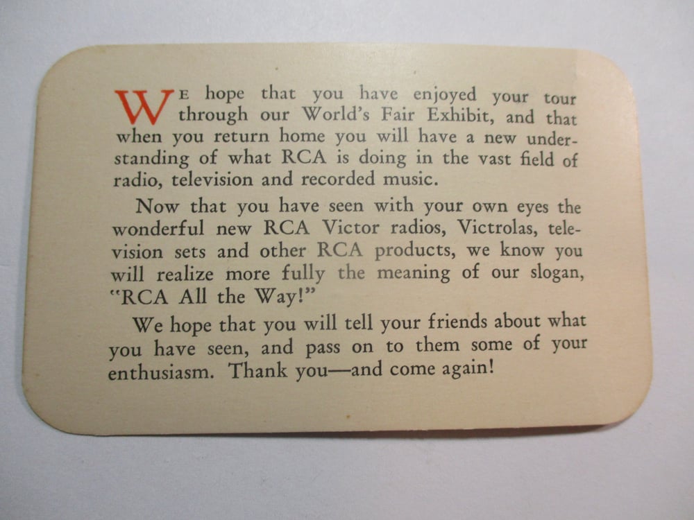 UNUSUAL & VERY SCARCE CARD FROM THE RCA BUILDING AT THE NEW YORK WORLD'S FAIR 1939-40