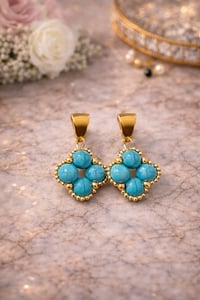 Image 2 of Turquoise Clover Jewelry Set – Gold Stainless Steel Necklace & Earrings Floral Statement Set