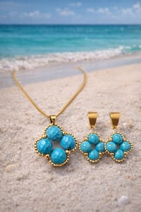 Image 3 of Turquoise Clover Jewelry Set – Gold Stainless Steel Necklace & Earrings Floral Statement Set