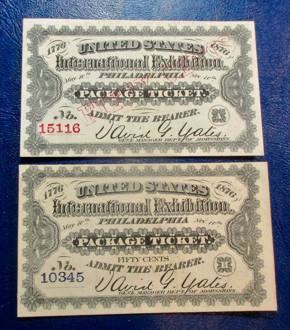 VERY NICE PAIR OF 1876 U.S. CENTENNIAL ADMISSION TICKETS, EACH A DIFFERENT TYPE