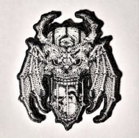 Image 2 of One Eyed Bat Winged Skull Hourglass Embroidered Patch With A Merrowed Edge