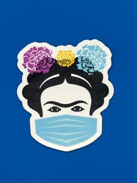 Image 1 of Frida Kahlo Wearing Mask Sticker: Latina Artist Vinyl Water Resistant Decal