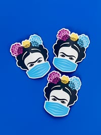 Image 2 of Frida Kahlo Wearing Mask Sticker: Latina Artist Vinyl Water Resistant Decal