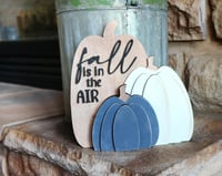 Image 4 of Fall Is in the Air Pumpkin Shelf Sitter/Farmhouse Mantel Decor/Navy &amp; White Pumpkins