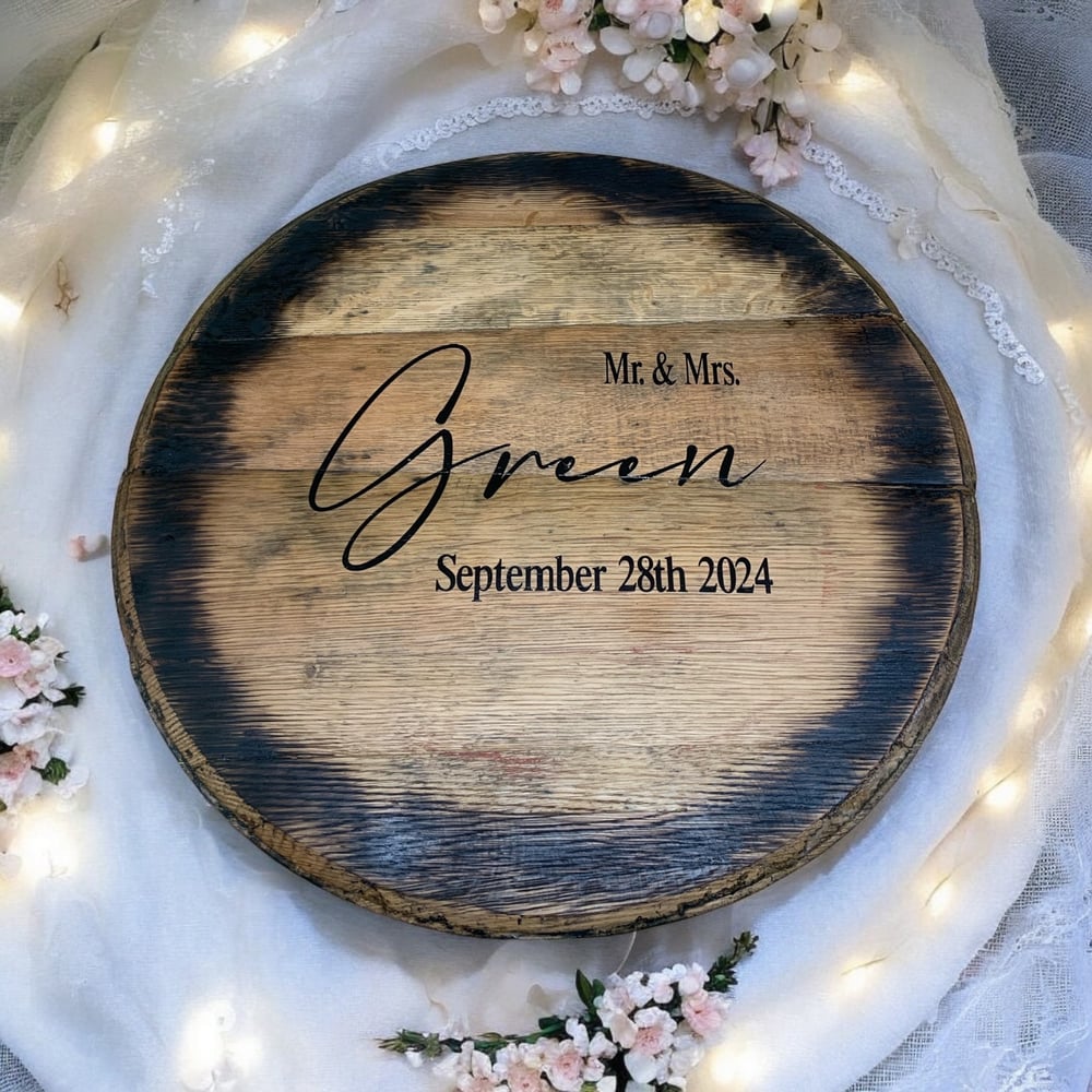 Personalized Bourbon Barrel Head Wedding Guest Book: Rustic Family Name Sign