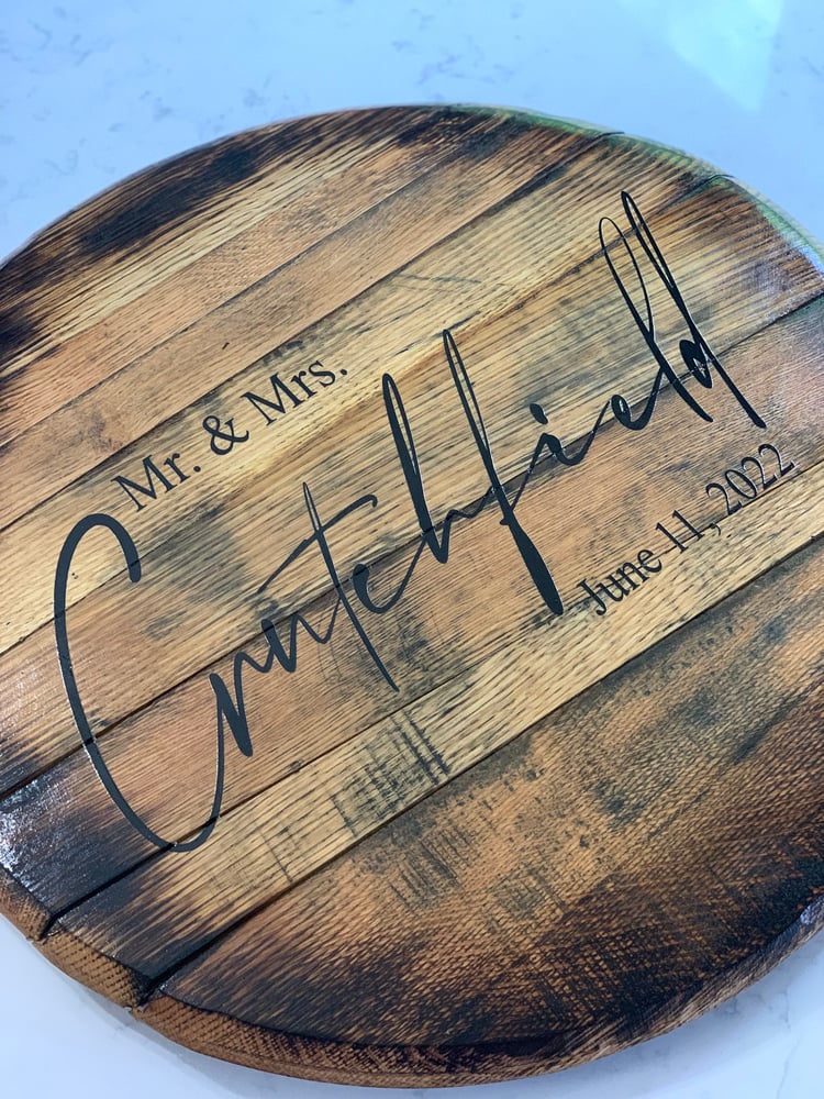 Personalized Bourbon Barrel Head Wedding Guest Book: Rustic Family Name Sign