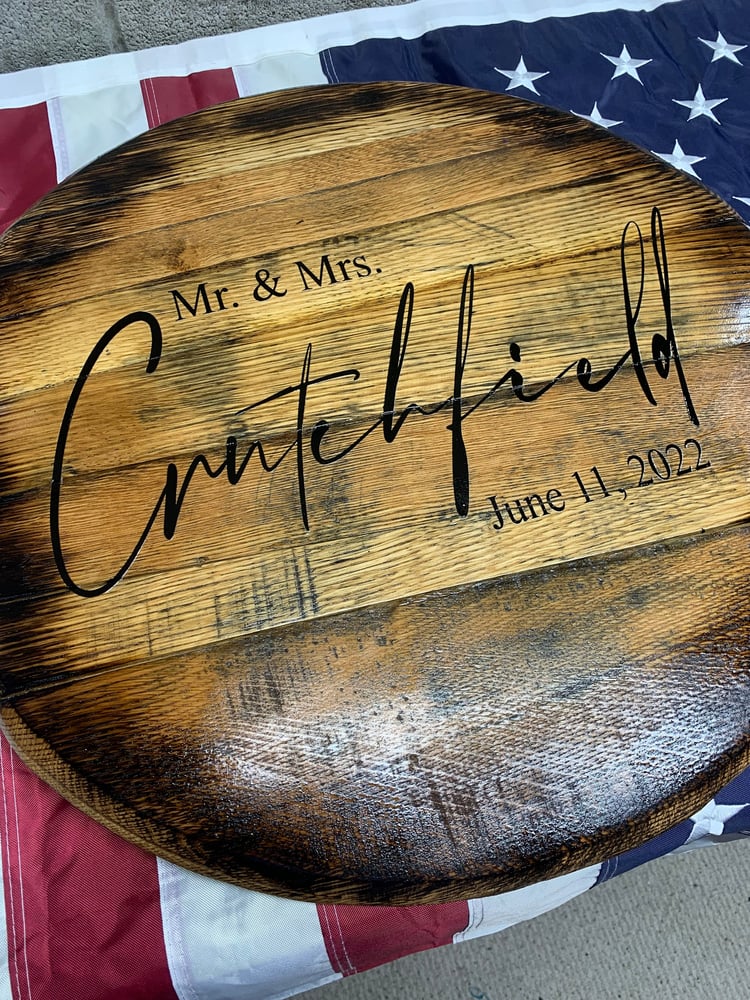 Personalized Bourbon Barrel Head Wedding Guest Book: Rustic Family Name Sign