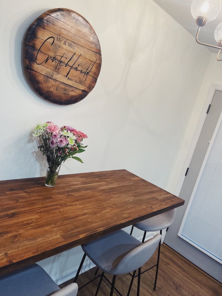 Personalized Bourbon Barrel Head Wedding Guest Book: Rustic Family Name Sign