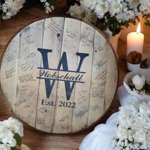 Personalized Whiskey Barrel Head Wedding Guestbook: Rustic Bourbon Decor