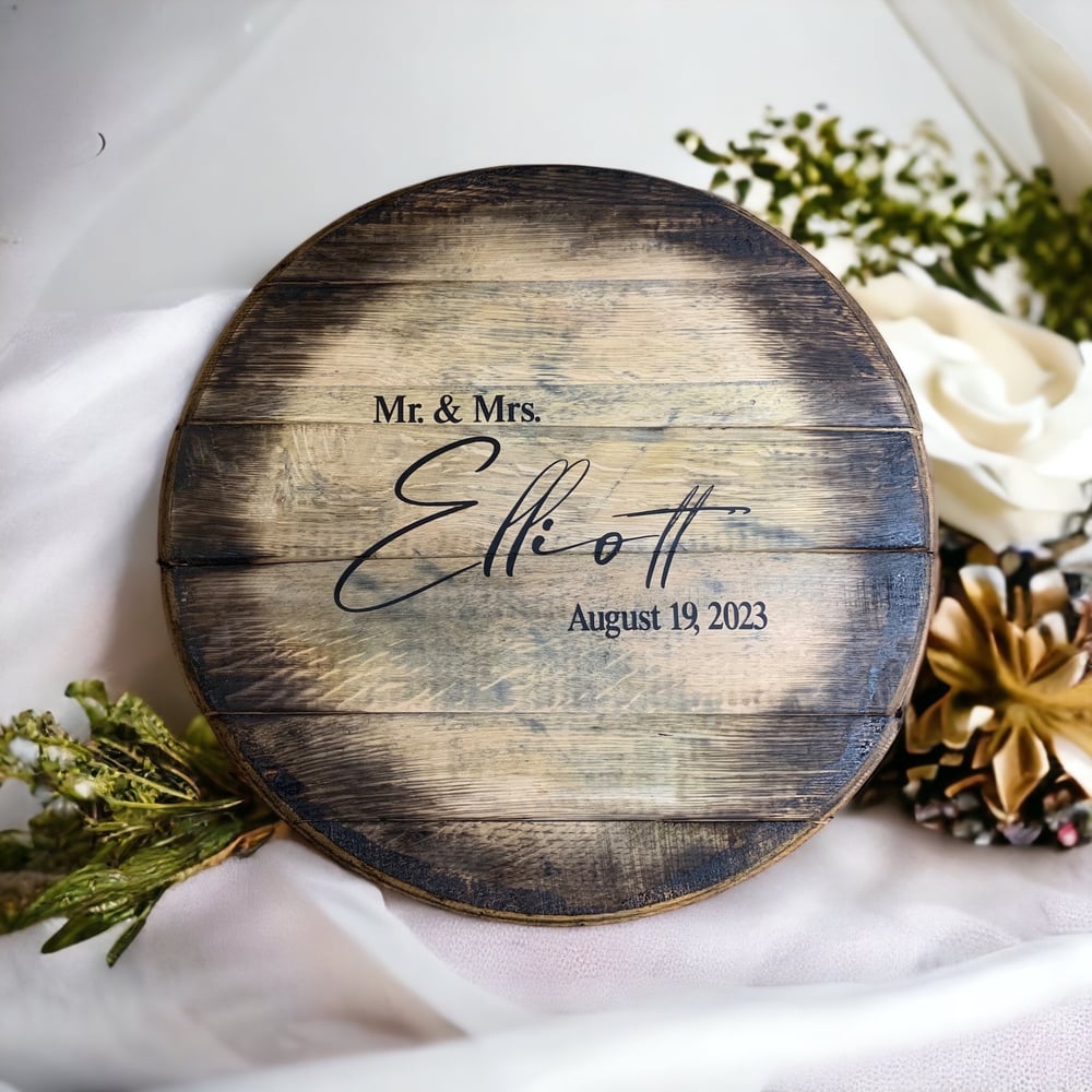 Personalized Bourbon Barrel Head Wedding Guest Book: Rustic Family Name Sign