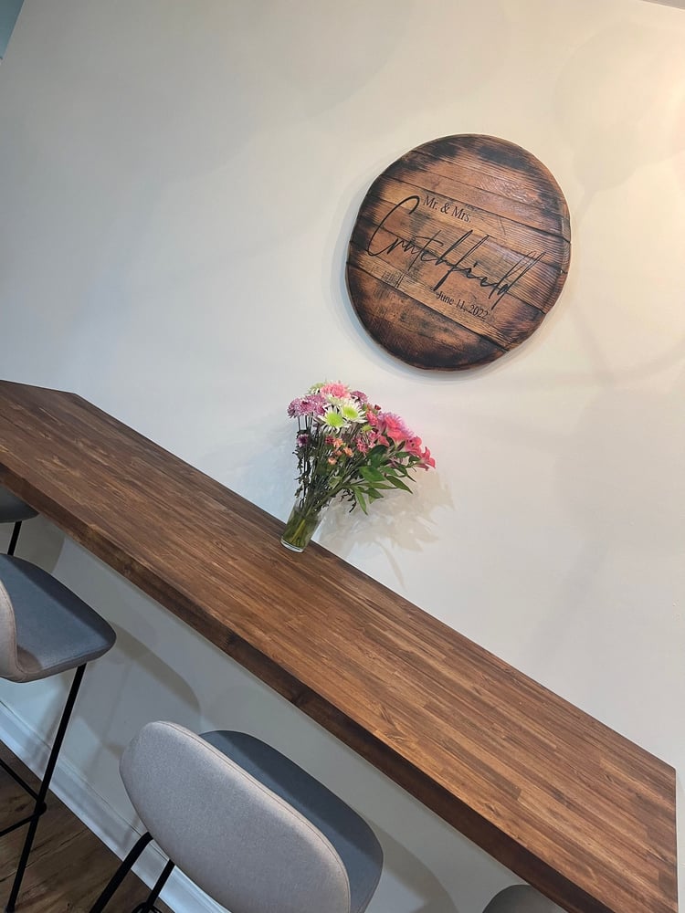 Personalized Bourbon Barrel Head Wedding Guest Book: Rustic Family Name Sign