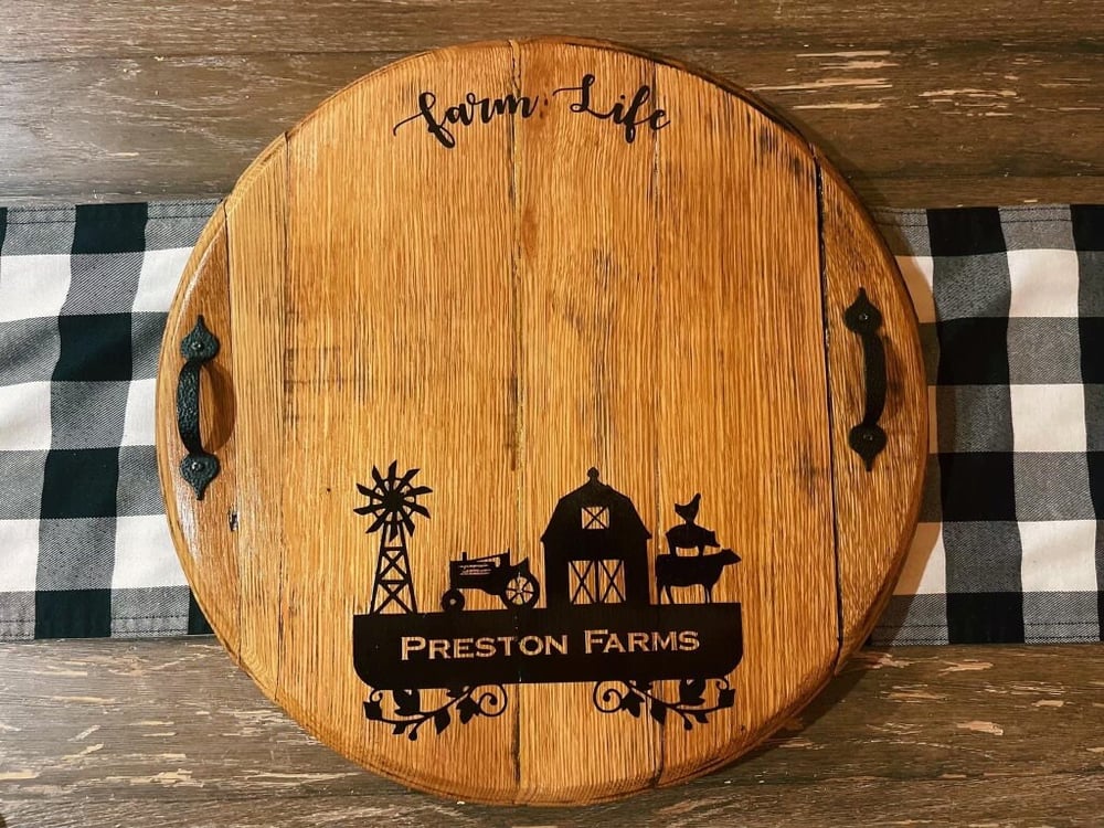 Personalized Bourbon Barrel Head Serving Tray: Rustic Farmhouse Decor