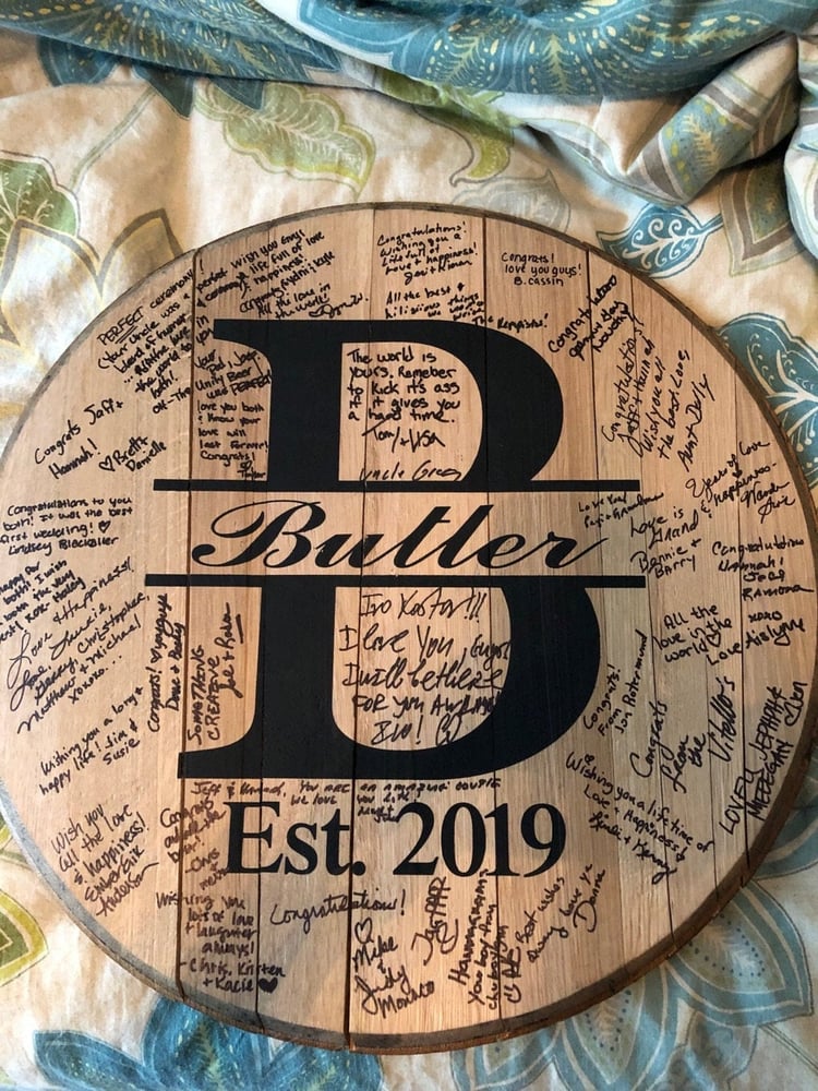 Personalized Bourbon Barrel Head: Rustic Wedding Guest Book-9010233e
