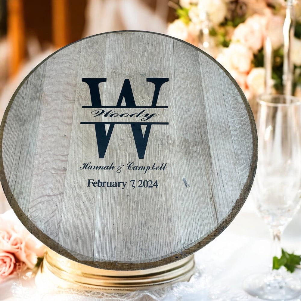 Personalized Bourbon Barrel Head Wedding Guest Book: Rustic Reception Decor