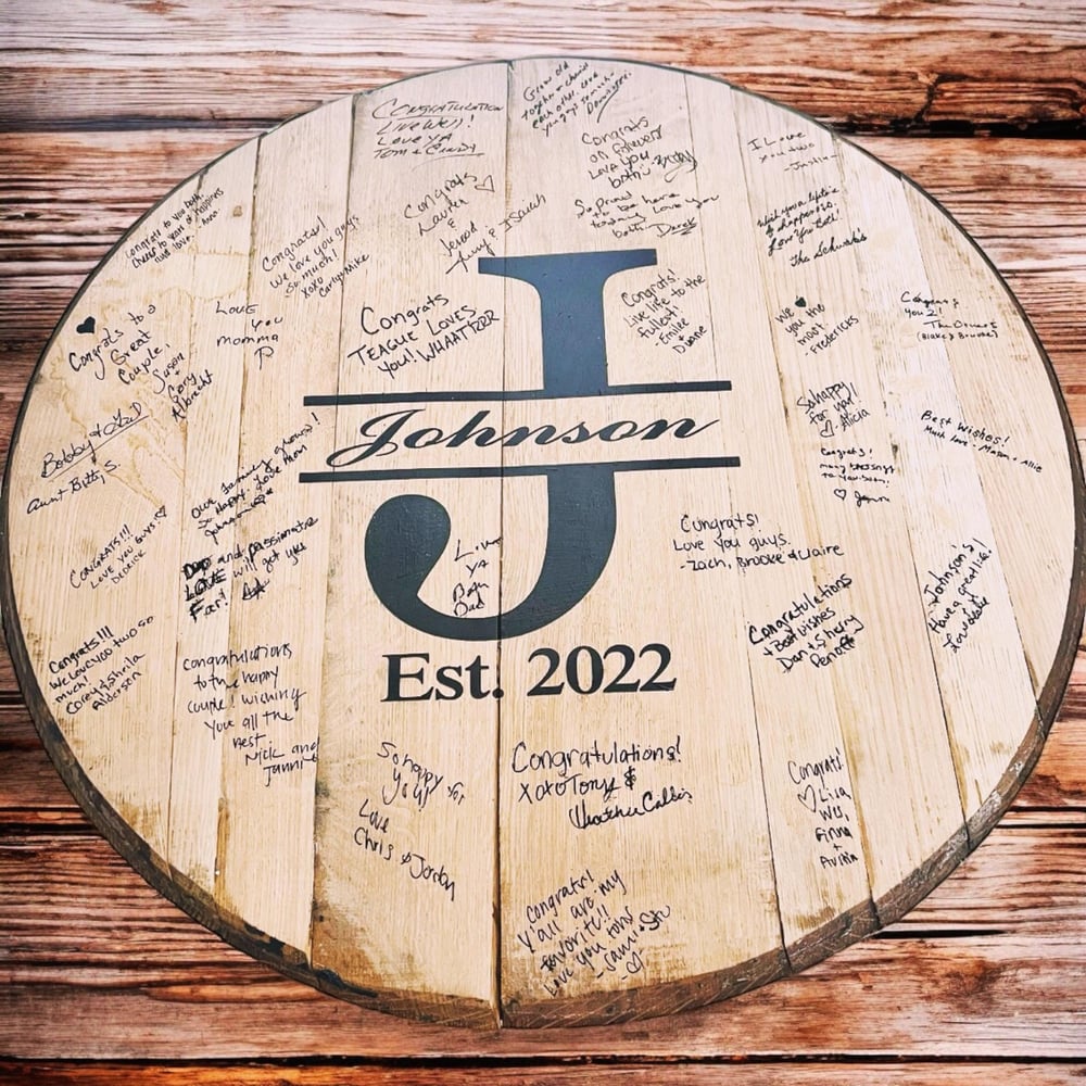 Personalized Bourbon Barrel Head Guest Book: Rustic Wedding Decor-e2d2b60d