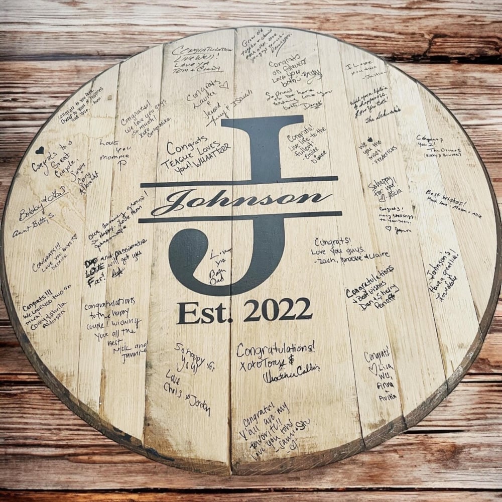 Personalized Bourbon Barrel Head Guest Book: Rustic Wedding Decor-1071c805
