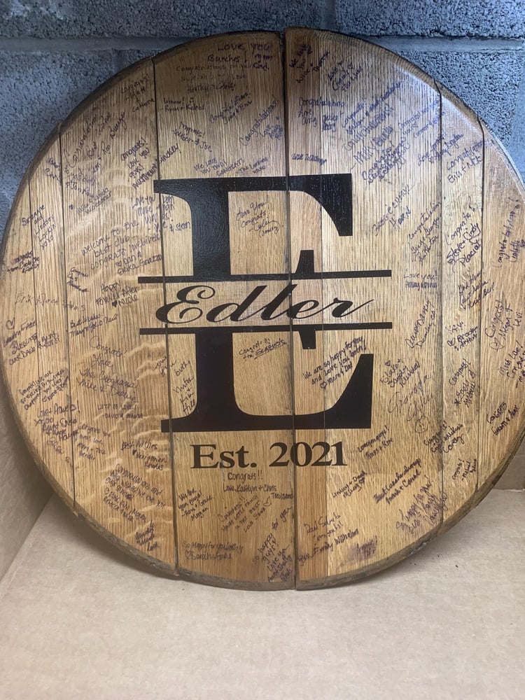 Personalized Bourbon Barrel Head Guest Book: Rustic Wedding Decor-e2d2b60d