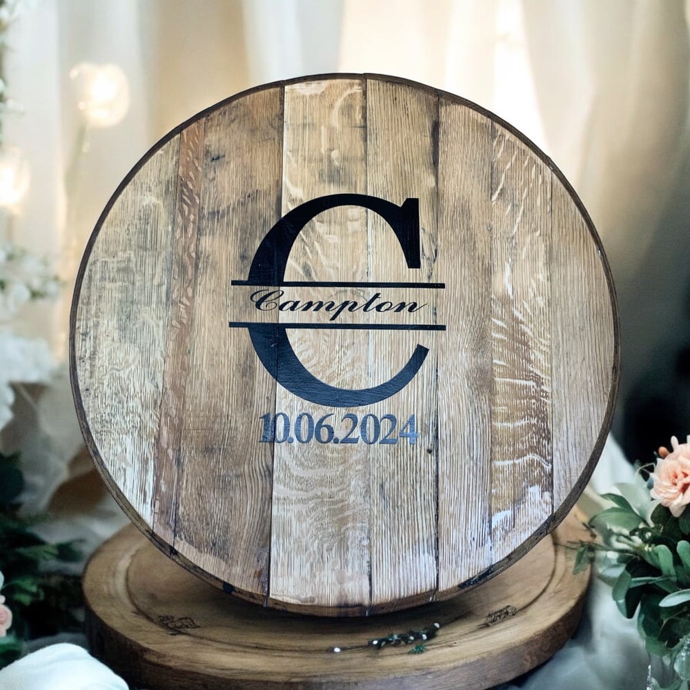 Personalized Bourbon Barrel Head Wedding Guest Book: Rustic Reception Decor
