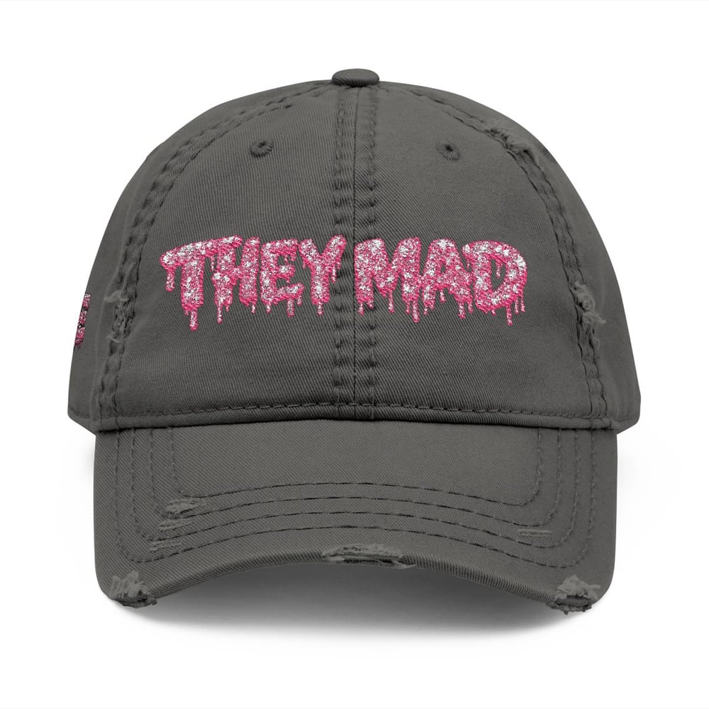 Image of Distressed Dad Hat — Embroidered "They Mad" Pink Drip Design