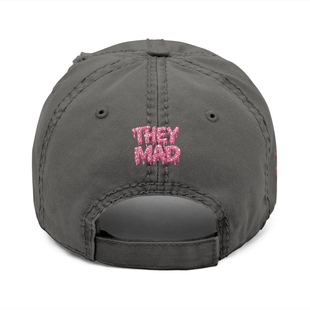 Image of Distressed Dad Hat — Embroidered "They Mad" Pink Drip Design