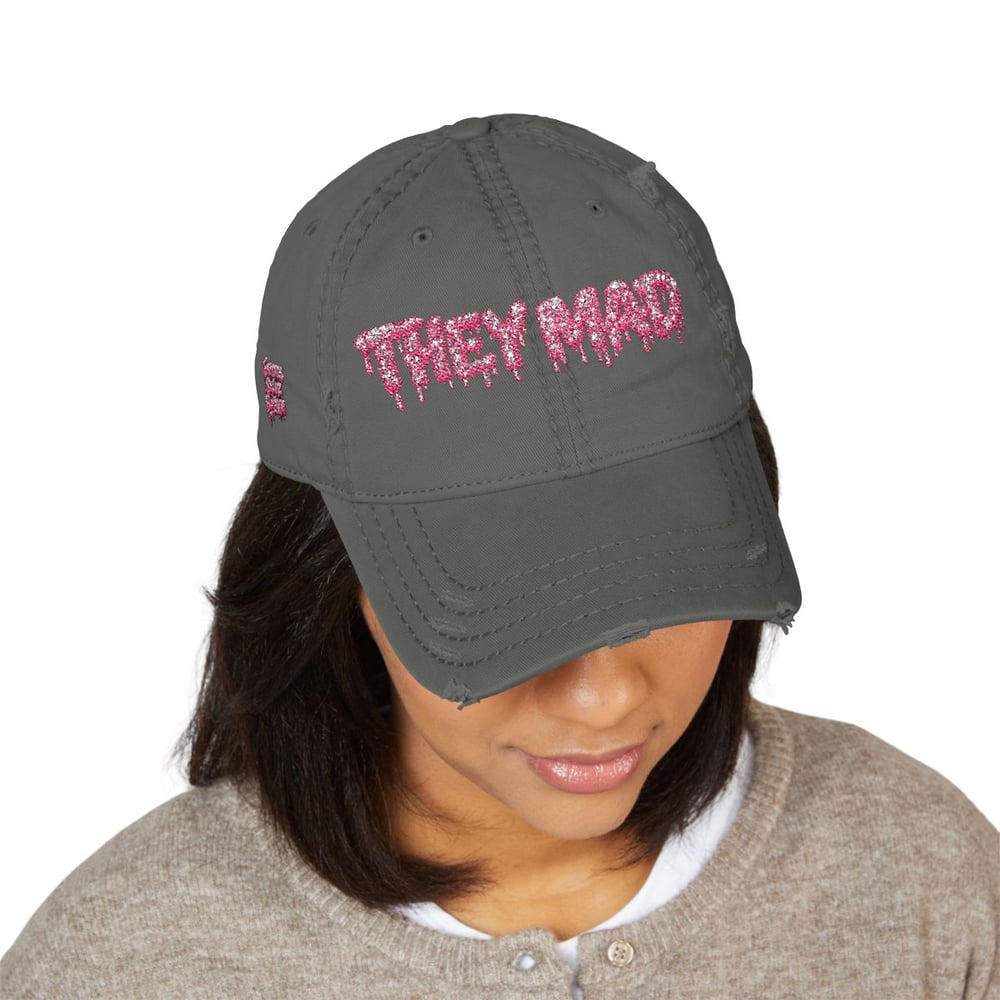 Image of Distressed Dad Hat — Embroidered "They Mad" Pink Drip Design