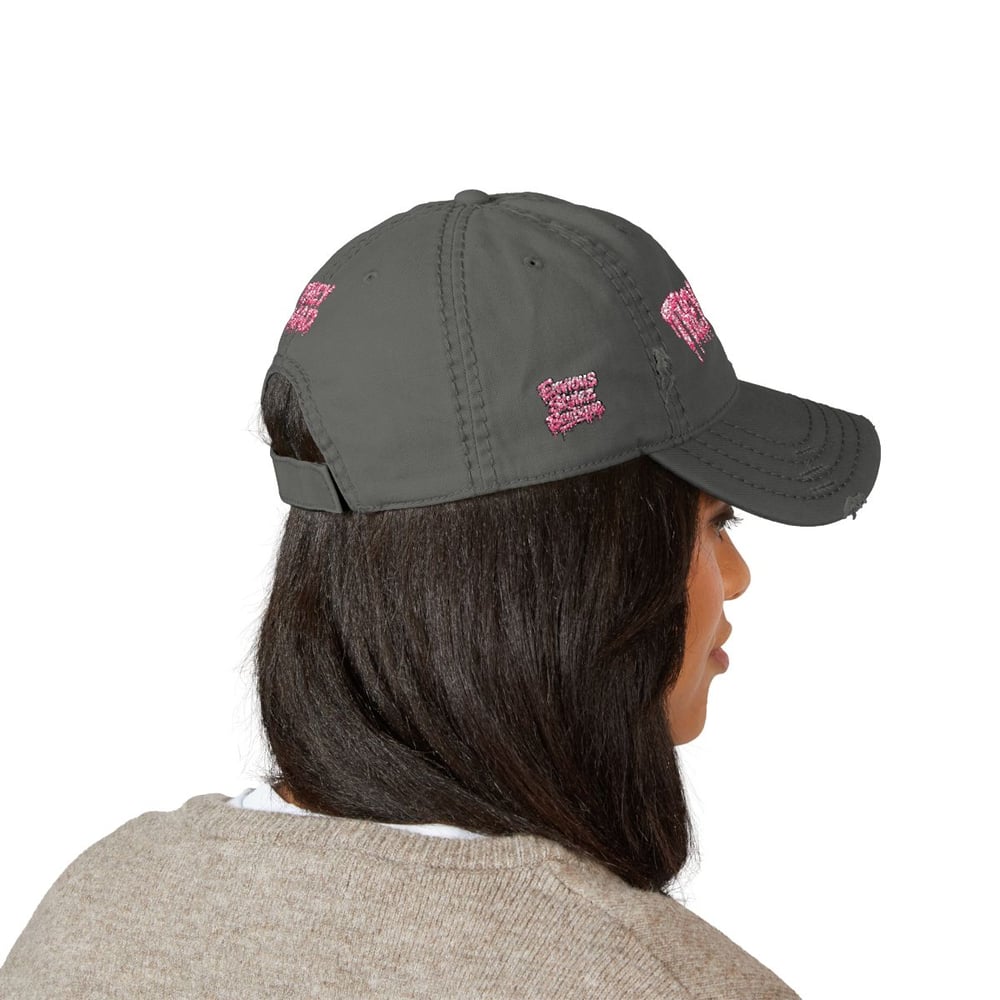 Image of Distressed Dad Hat — Embroidered "They Mad" Pink Drip Design