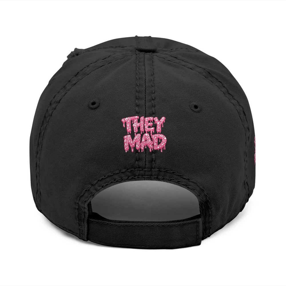 Image of Distressed Dad Hat — Embroidered "They Mad" Pink Drip Design