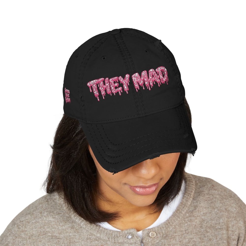 Image of Distressed Dad Hat — Embroidered "They Mad" Pink Drip Design