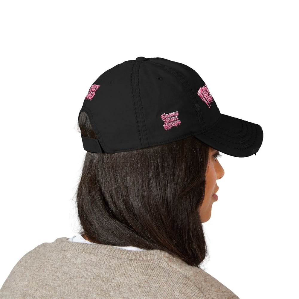 Image of Distressed Dad Hat — Embroidered "They Mad" Pink Drip Design