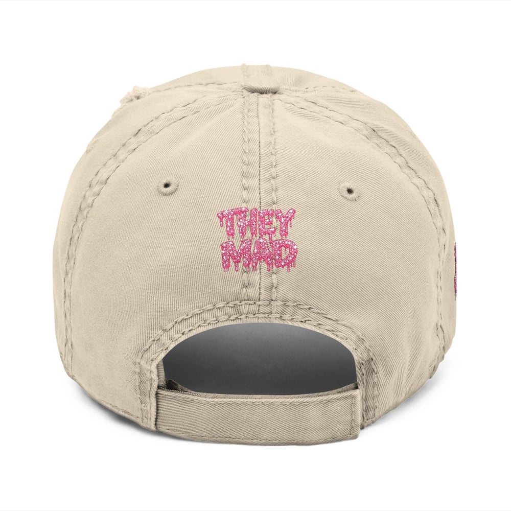 Image of Distressed Dad Hat — Embroidered "They Mad" Pink Drip Design