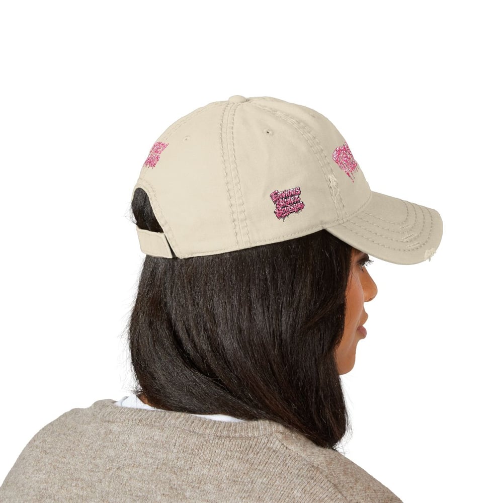 Image of Distressed Dad Hat — Embroidered "They Mad" Pink Drip Design