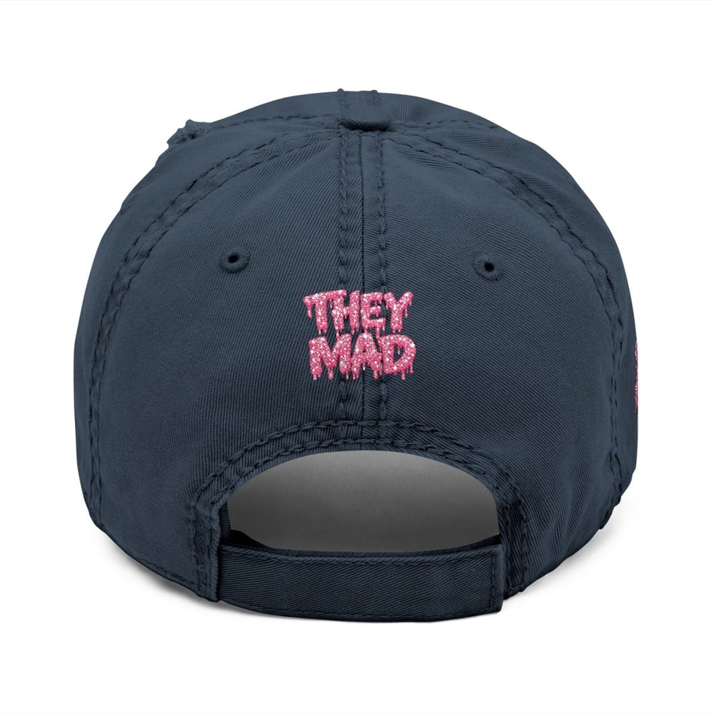 Image of Distressed Dad Hat — Embroidered "They Mad" Pink Drip Design