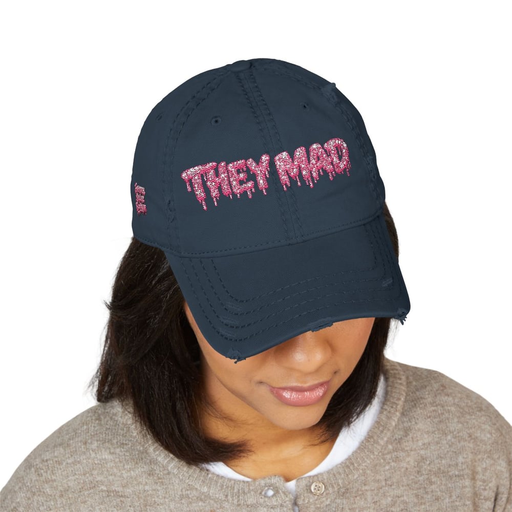 Image of Distressed Dad Hat — Embroidered "They Mad" Pink Drip Design