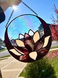 Image 1 of Lunar Lotus - Handmade Iridescent Circle Stained-Glass Moon & Flower Panel
