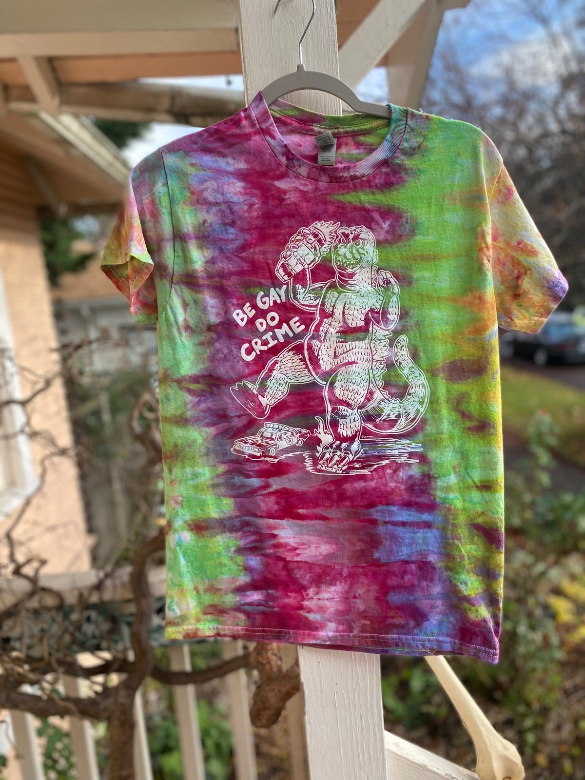 Image of SMALL Godzilla Be Gay Do Crime Tie Dye Shirt 6