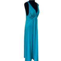 Image 7 of Vintage 70s Shadow Line Turquoise & Purple Embroidered Peacock Maxi Nightgown - Small