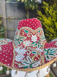 Image 9 of Dolly cowboy hat - recycled sari fabric Dark Red and green