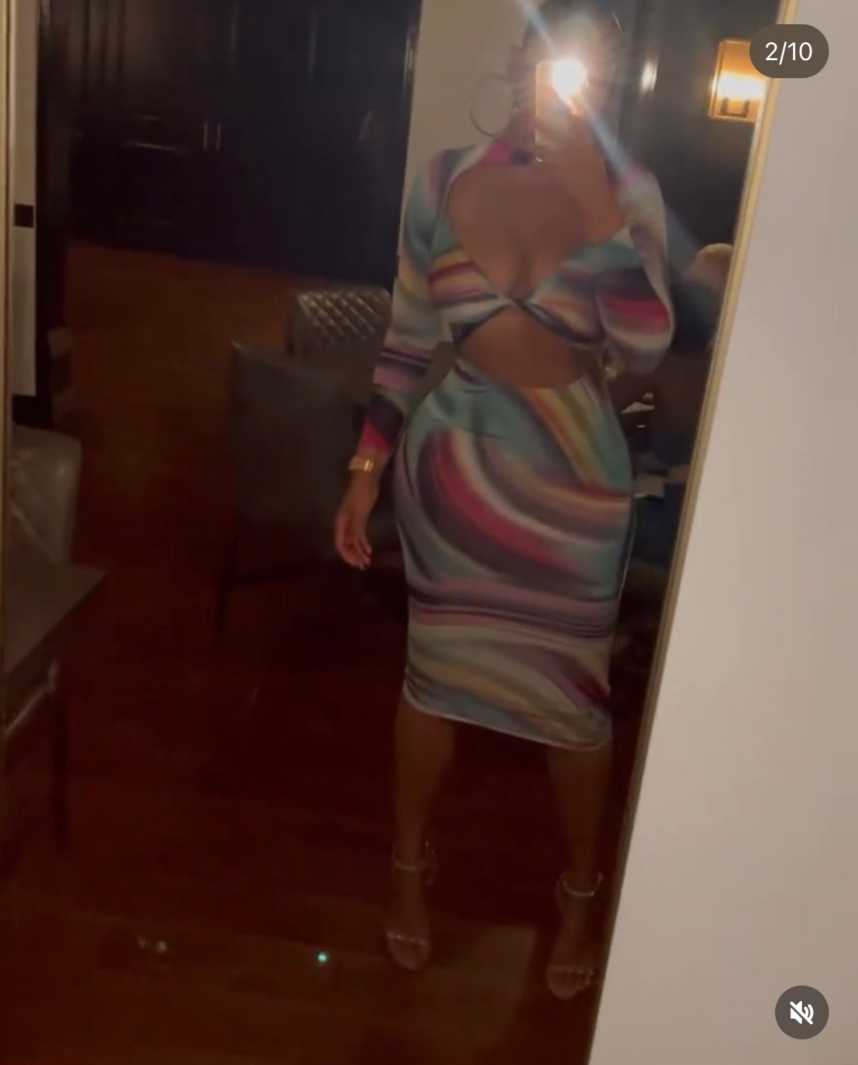 Image of SWIRL PRINT LOW-CUT CUTOUT MIDI DRESS (MEDIUM)
