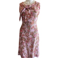 Image 1 of 1950's Pale Pink Whimsical Paisley Wiggle Dress with Peter Pan Collar Style Neck Tie