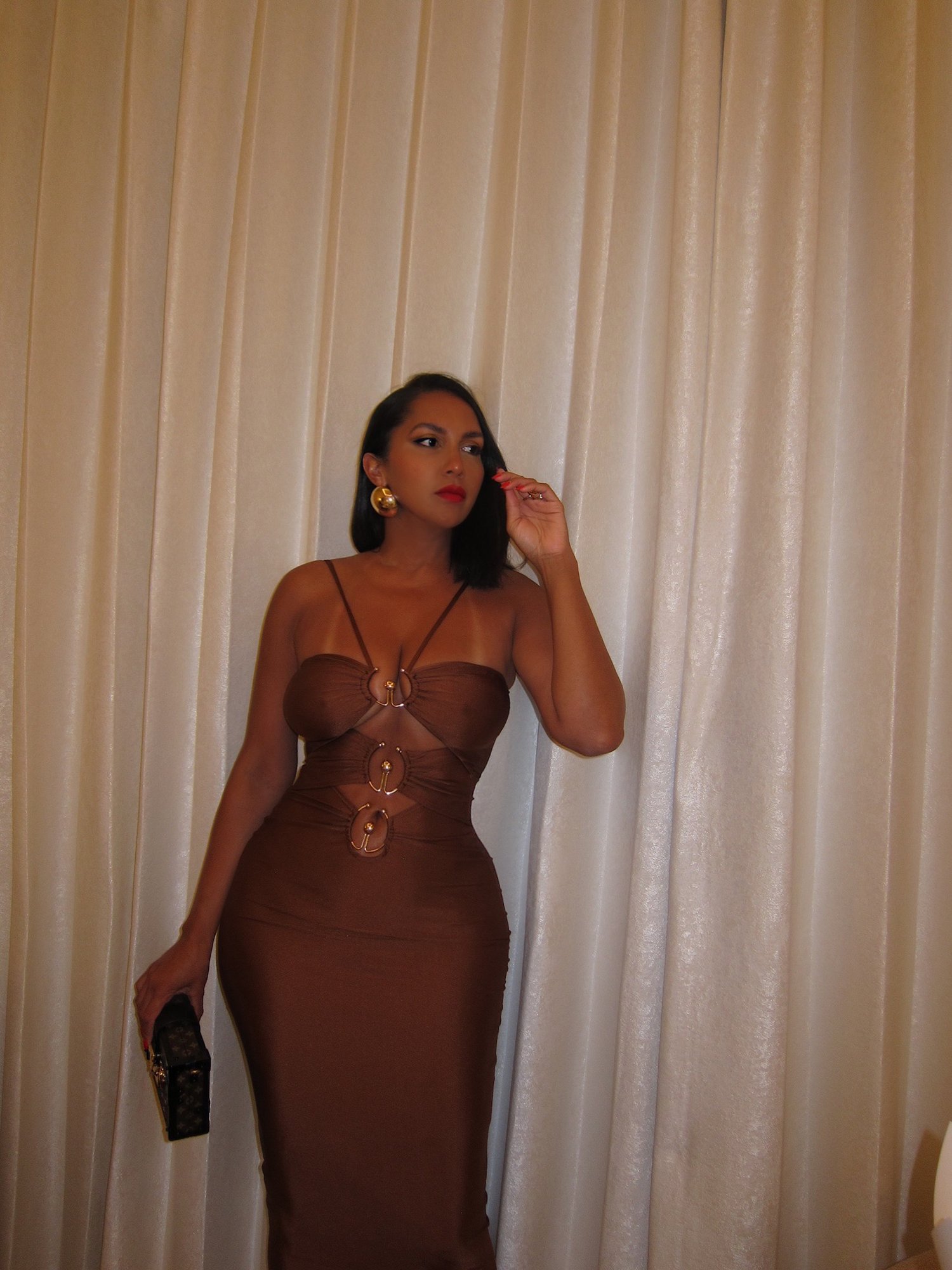 Image of BROWN SPANDEX CUT-OUT MIDI DRESS (XS)