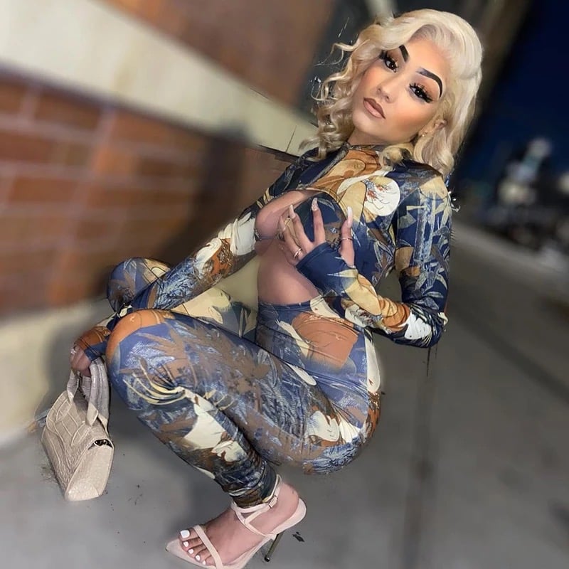 Image of Multi-Color print hollow jump suit + bra two piece set