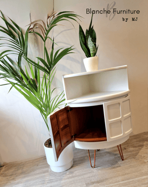 Image of Nathan Corner Drinks Cabinet in white on Copper hairpin legs - Available Now