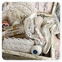 Image 2 of Vintage French wooden sewing box full of French lace and cotton