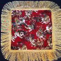 Image 3 of Red Japanese tiger print cushion cover with gold fringe