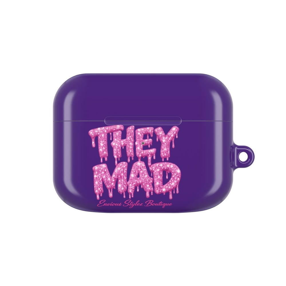 Image of AirPod Case — Black Glossy 'THEY MAD' Pink Drip Graphic Protective Cover