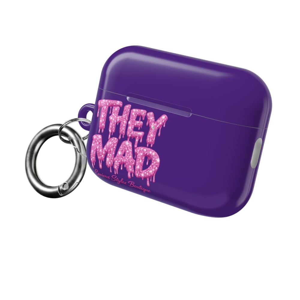 Image of AirPod Case — Black Glossy 'THEY MAD' Pink Drip Graphic Protective Cover
