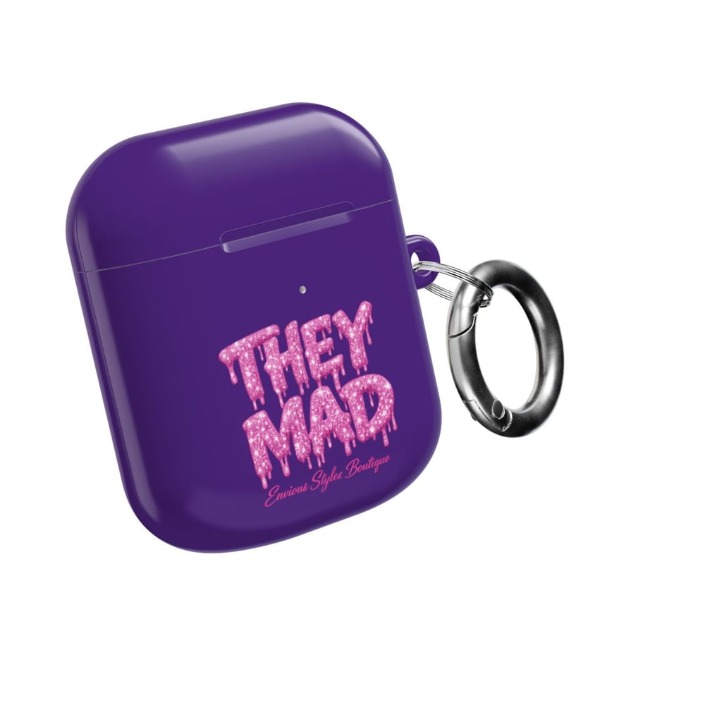 Image of AirPod Case — Black Glossy 'THEY MAD' Pink Drip Graphic Protective Cover
